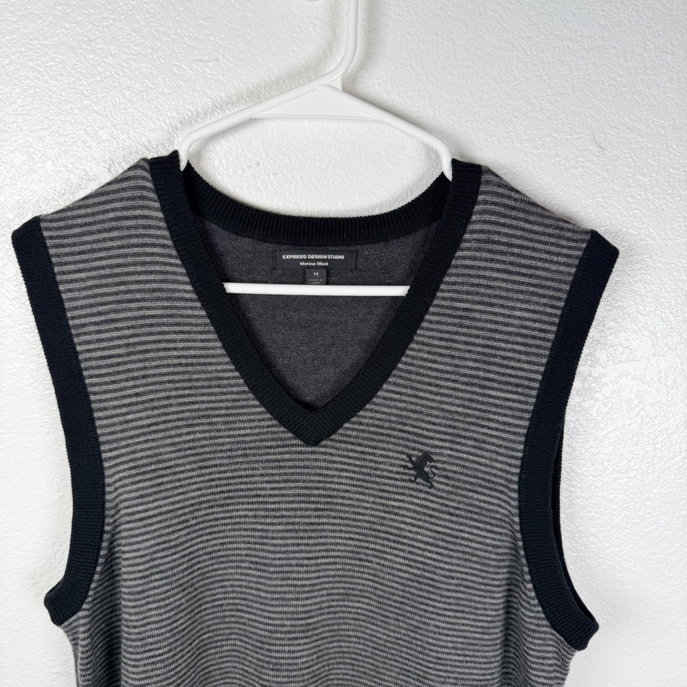 Express Merino Wool V-Neck Sweater Vest Striped Gray Black M Winter Layering